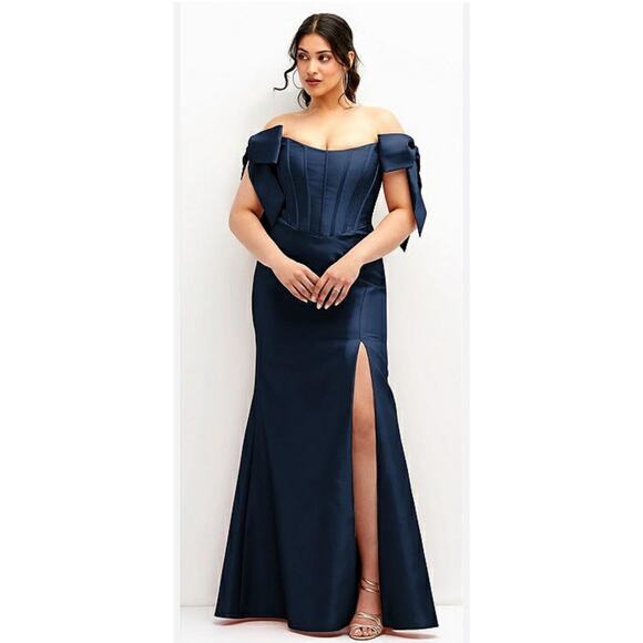 Alfred Sung Off the Shoulder Bow Corset Satin Trumpet Gown in midnight. Size 18. - Picture 1 of 8